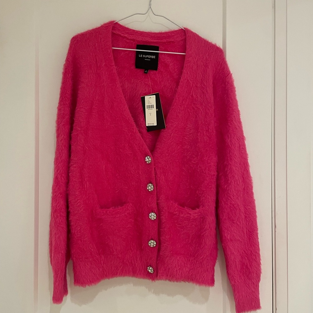 Le Superbe - Hot Pink Fuzzy Rhinestone-Button Cardigan (size: S) NWT